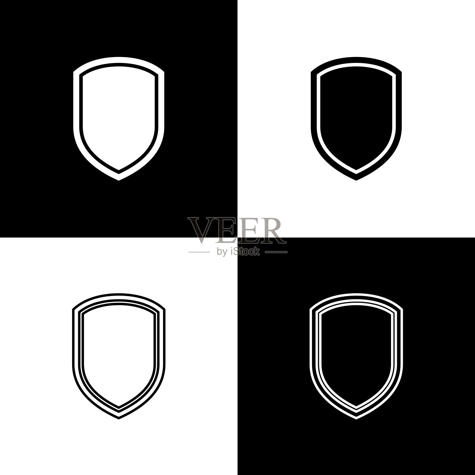 设置盾牌图标隔离在黑色和白色背景。警卫队的迹象。线条，轮廓和线性图标。矢量图图标素材