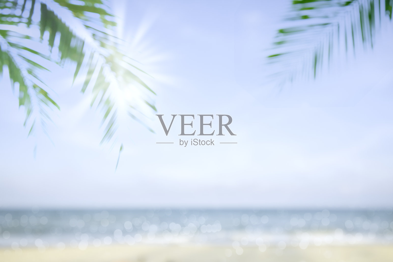 抽象的软模糊自然热带海滩与绿色椰子叶和光波散景背景概念的模糊天空夏季景观水和沙子，假日海洋旅游，放松假期照片摄影图片