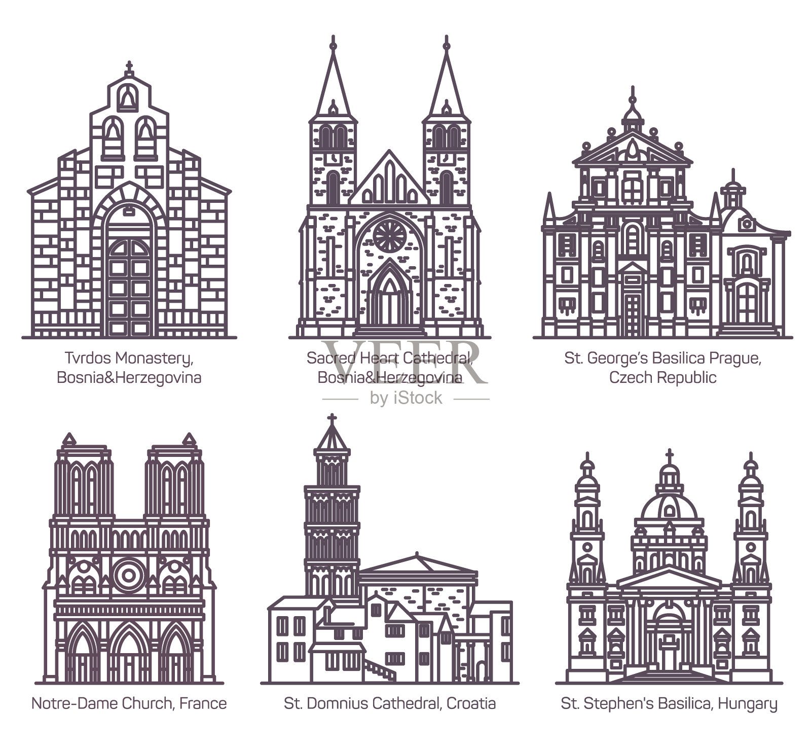 一组孤立的大教堂和教堂，巴西利卡插画图片素材