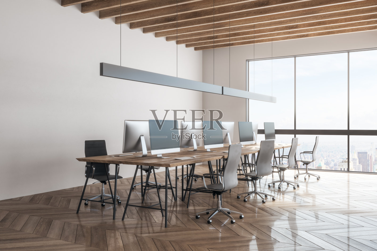 时尚的办公室内部与纽约的观点照片摄影图片