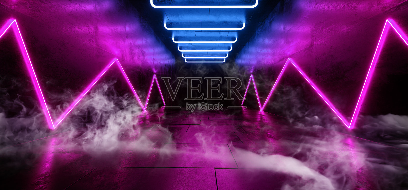 烟雾混乱激光荧光网络科幻未来现代复古霓虹灯发光的蓝色紫色灯在黑暗空垃圾反射混凝土走廊背景舞蹈俱乐部3D渲染照片摄影图片