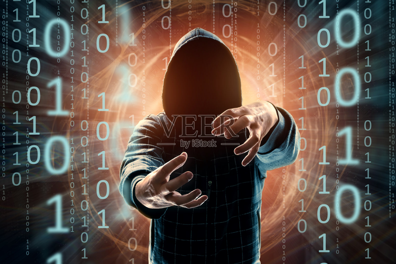 戴帽子的黑客，黑客攻击，该男子的轮廓，混合媒体。突袭、密码术、数据安全概念照片摄影图片