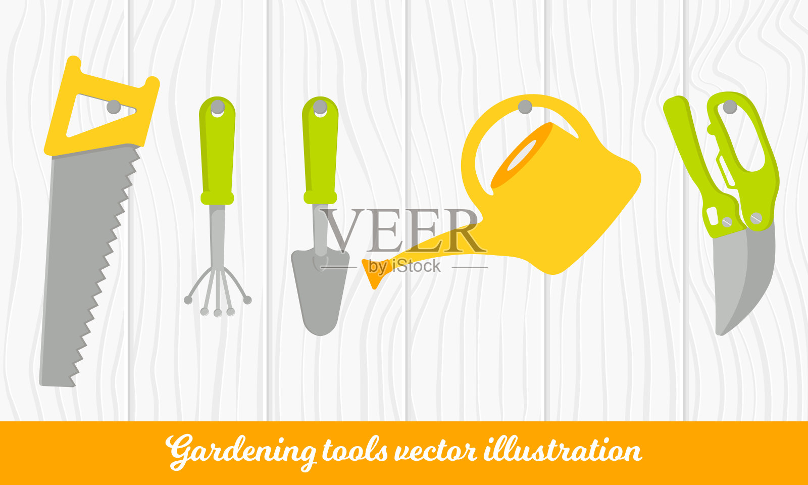 矢量园艺工具集。关于木材纹理的园艺收藏。卡通风格。背景图案插画图片素材