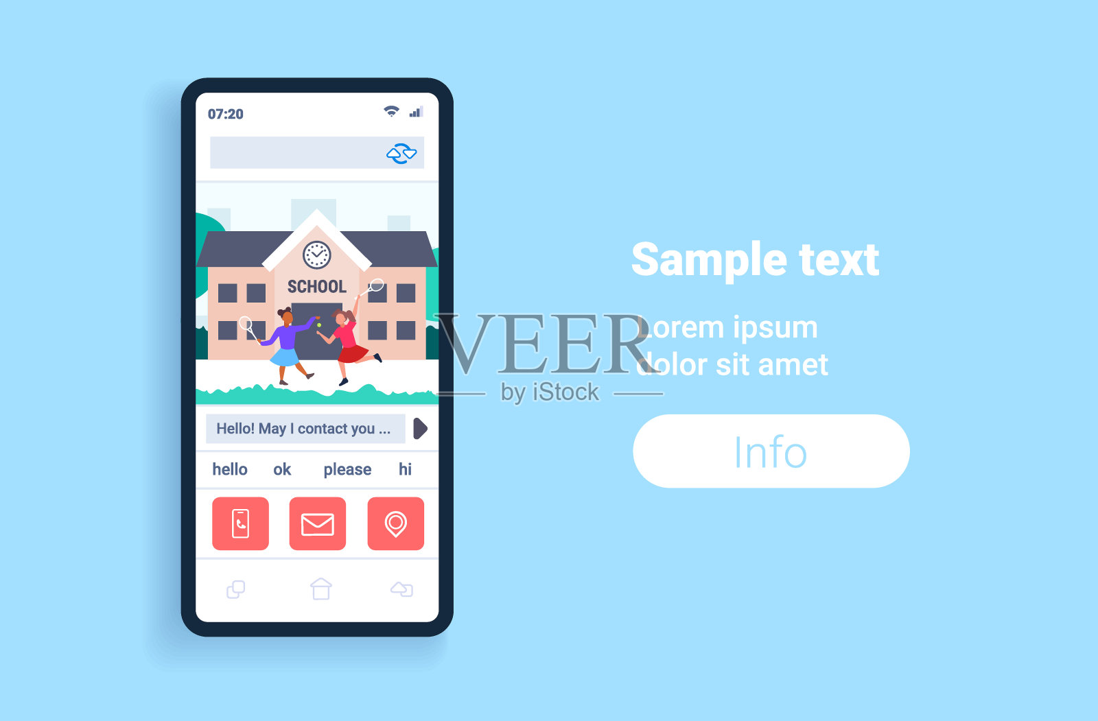 混合种族的女学生在学校建筑前打网球小学小学生有乐趣的在线移动应用程序智能手机屏幕平面全长水平复制空间插画图片素材