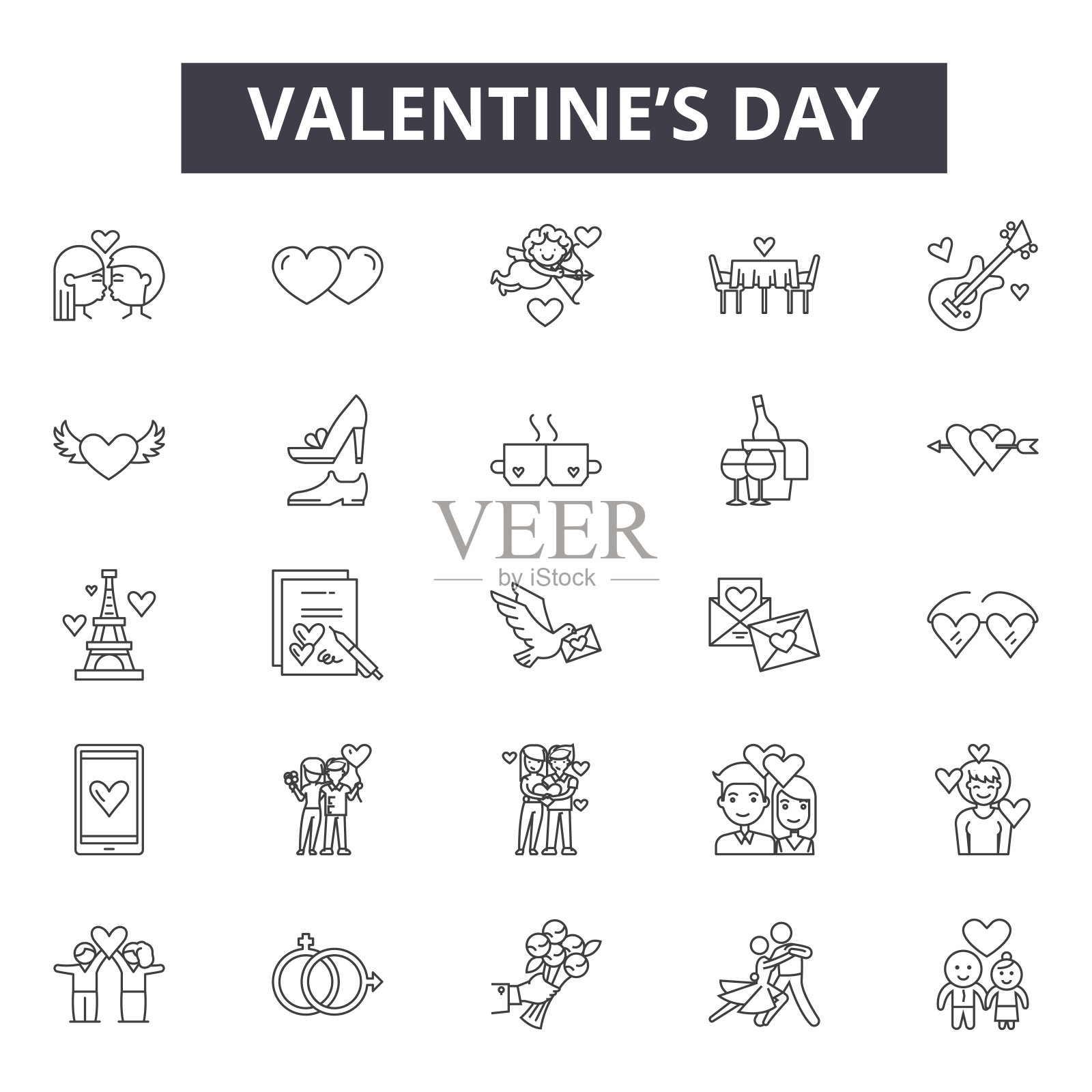 情人节线图标，符号集，矢量。情人节大纲概念，插图:爱，心，背景，日子，情人节，快乐图标素材