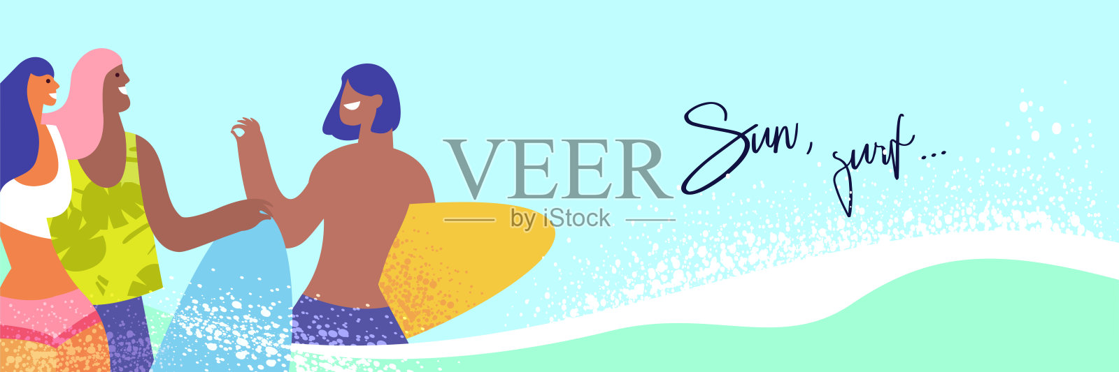 一群冲浪者在海滩上散步。快乐的年轻人夏天在海边休闲插画图片素材