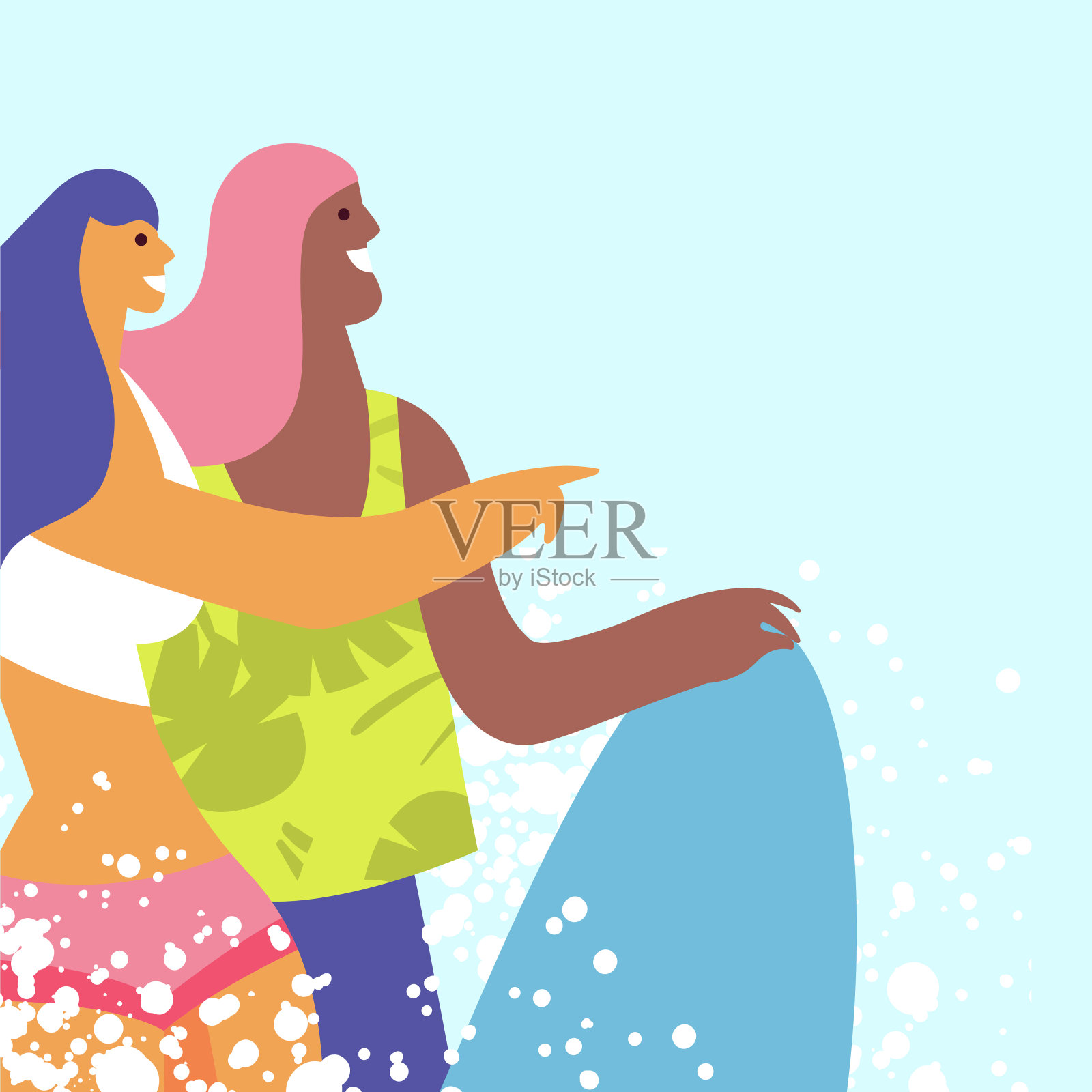 一群冲浪者在海滩上散步。快乐的年轻人夏天在海边休闲插画图片素材