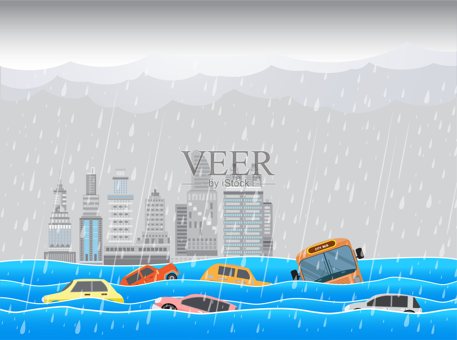 城市街道洪水与倒下的树木插画图片素材