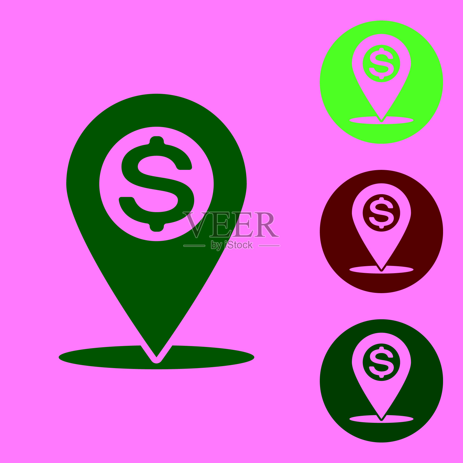 蓝色现金位置别针图标隔离在白色背景。指针和美元符号。钱的位置图标。经营投资理念。矢量图图标素材