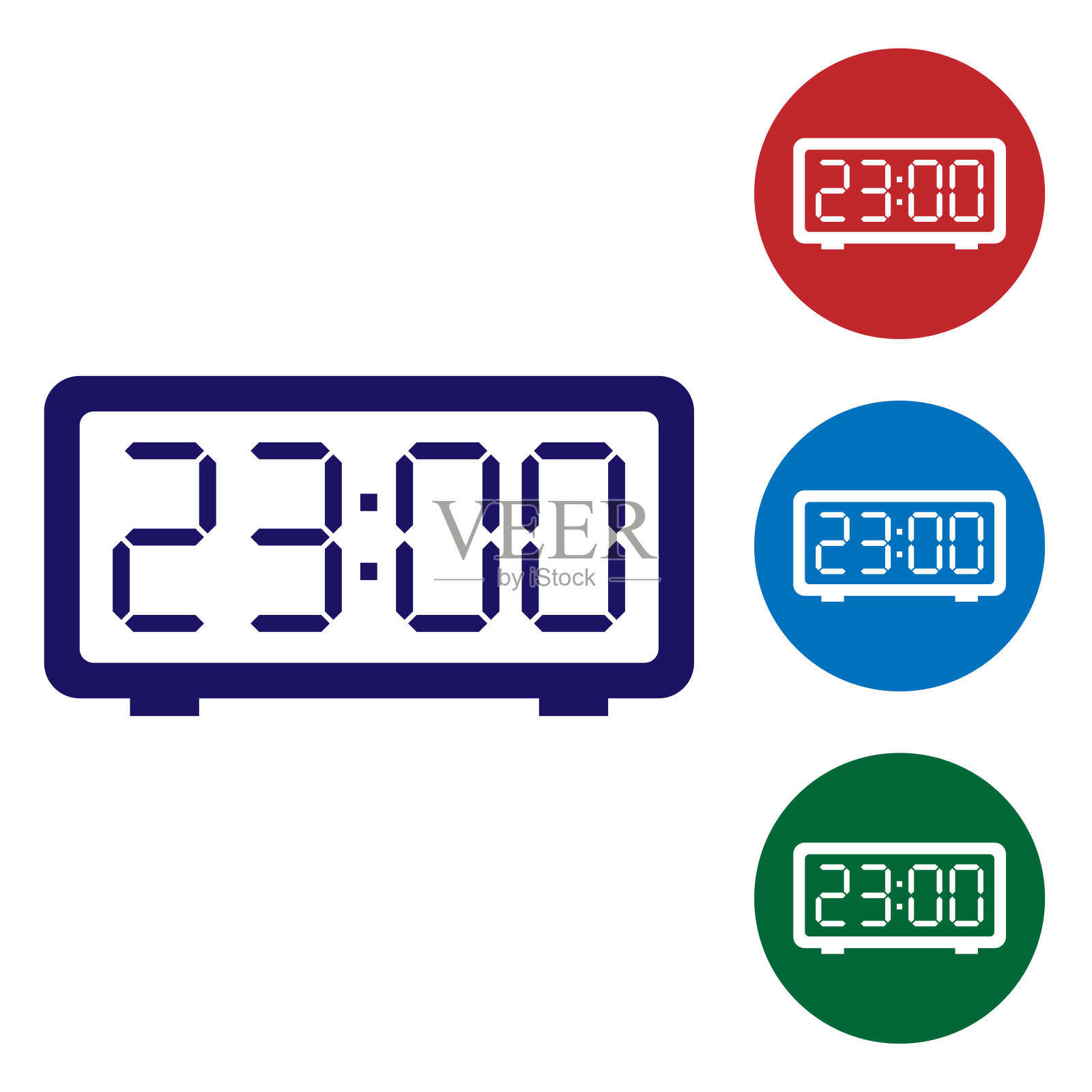 蓝色数字闹钟图标隔离在白色背景。电子手表闹钟。时间图标。设置圆形按钮中的颜色图标。矢量图图标素材