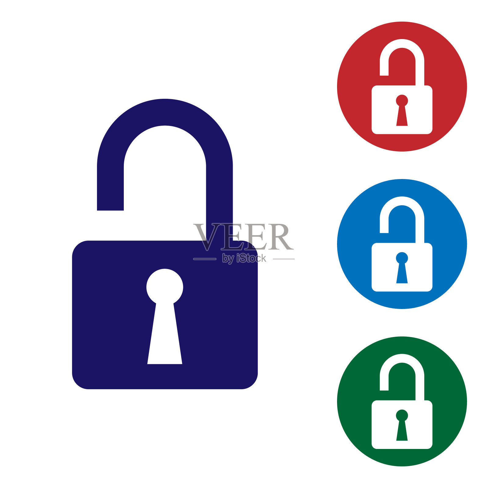 打开挂锁图标隔离在白色背景。开了锁的迹象。网络安全的概念。数字数据保护。安全安全。设置圆形按钮中的颜色图标。矢量图图标素材