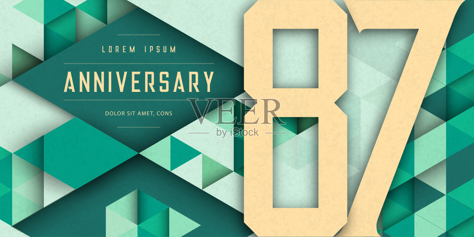 周年庆典标志，87岁生日矢量插图，纹理背景，现代几何风格和彩色多边形设计。87周年纪念模板设计，几何设计插画图片素材