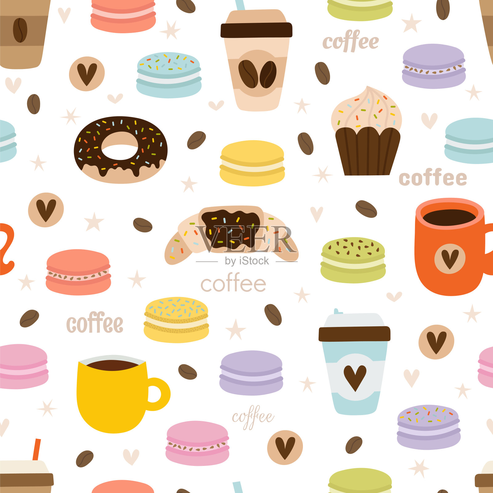 手绘咖啡无缝图案。一组咖啡聚会符号，对象和元素。可爱有趣的背景插画图片素材