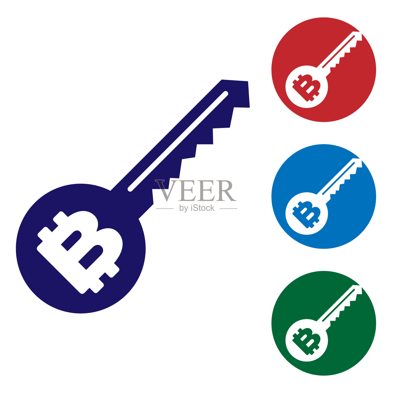 蓝色加密货币密钥图标隔离在白色背景上。网络安全概念或私钥，数字密钥与技术接口。设置圆形按钮中的颜色图标。矢量图插画图片素材