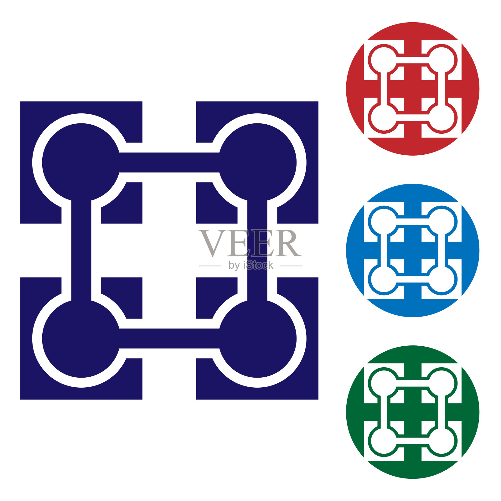 白色背景上的蓝色区块链技术图标。Cryptocurrency数据信号。抽象几何区块链网络技术业务。设置圆形按钮中的颜色图标。矢量图插画图片素材