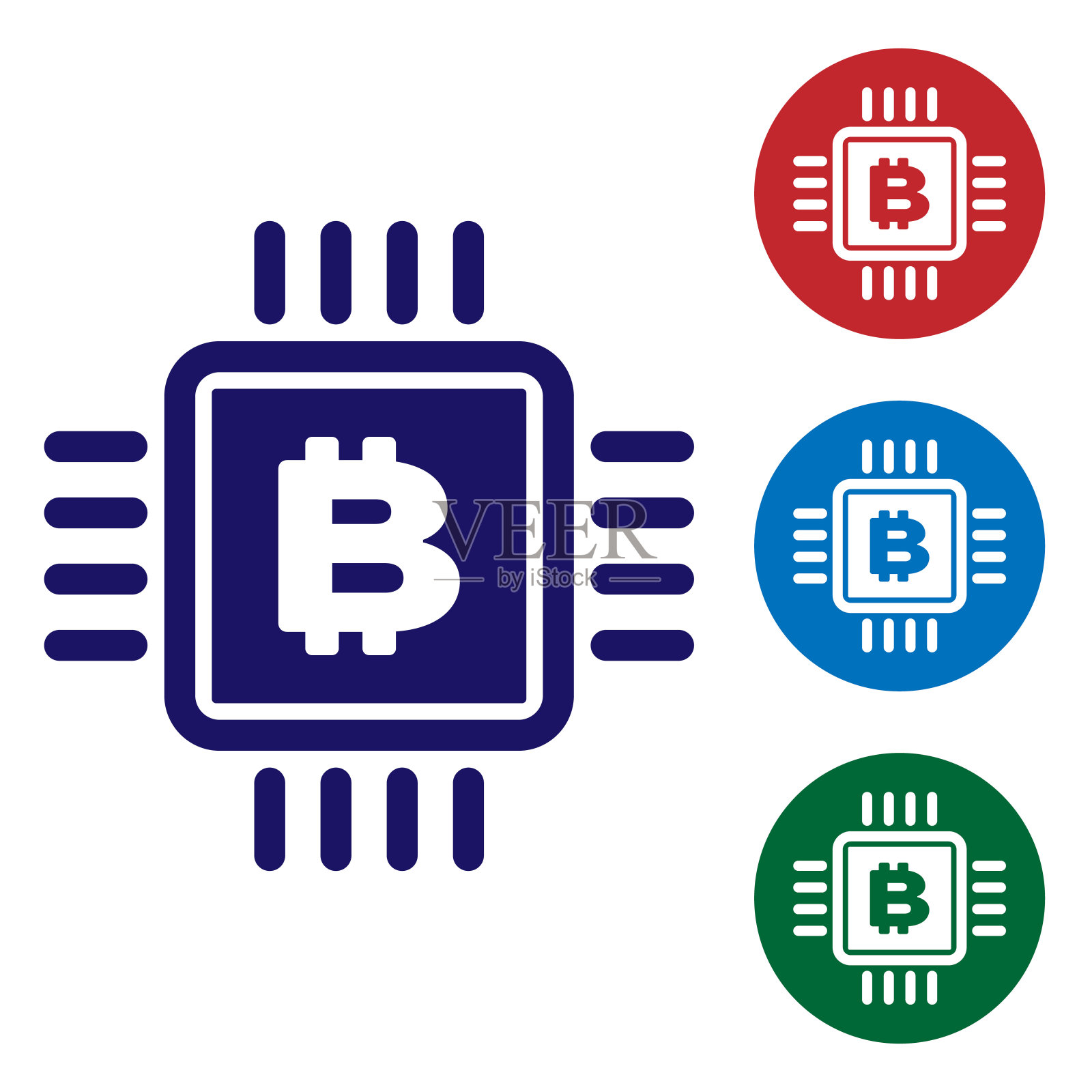 蓝色CPU矿场图标隔离在白色背景上。芯片内的比特币标志。Cryptocurrency矿业社区。数字的钱。设置圆形按钮中的颜色图标。矢量图插画图片素材