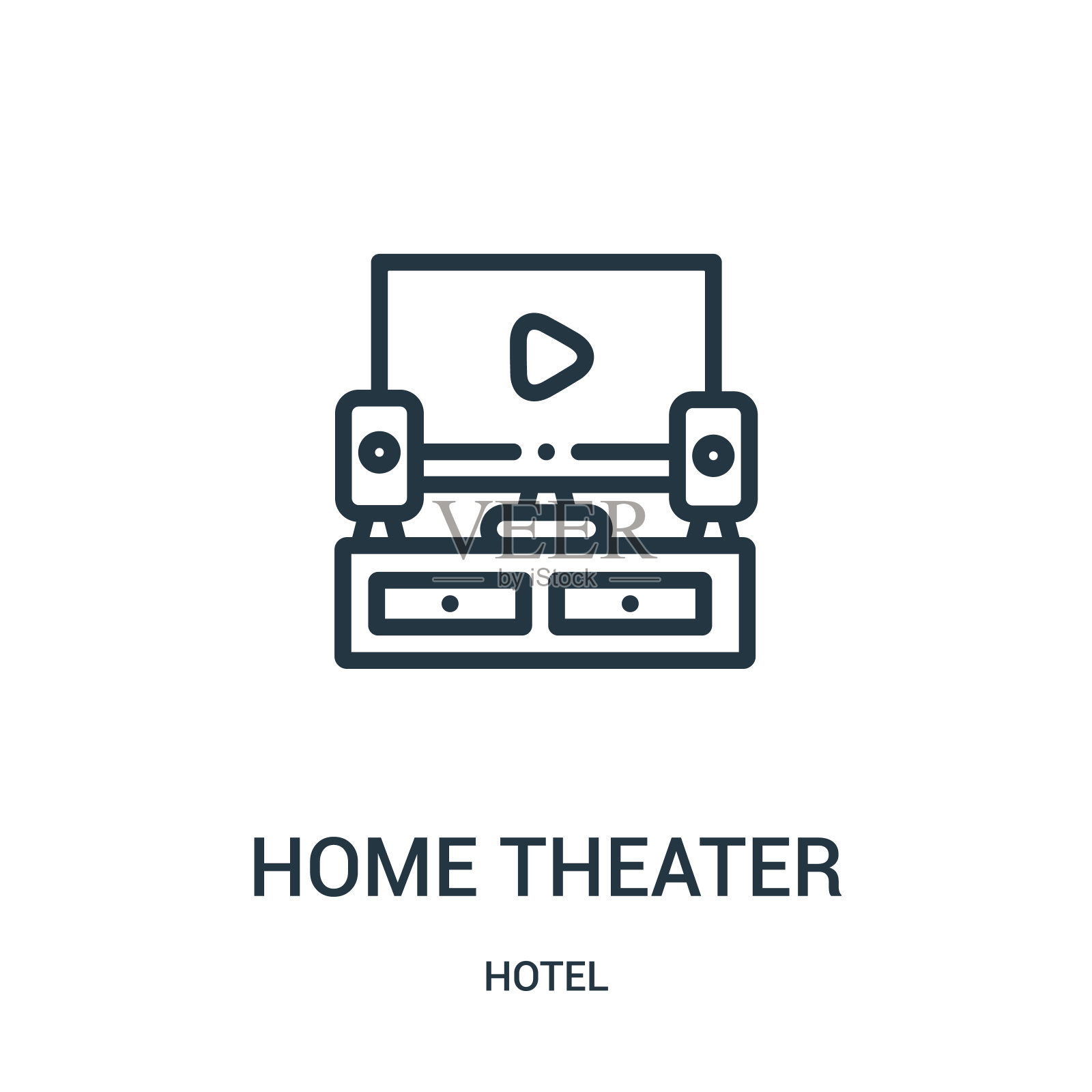 家庭影院图标矢量从酒店收集。细线家庭影院轮廓图标矢量插图。插画图片素材