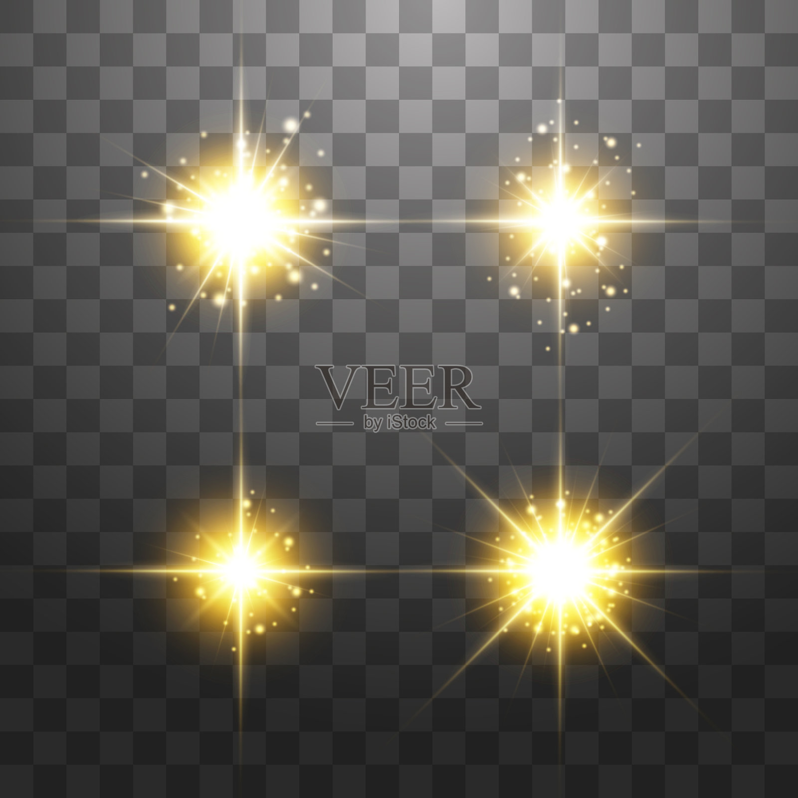 创意概念向量集辉光金色光效果星星爆发与火花孤立在透明的背景插画图片素材