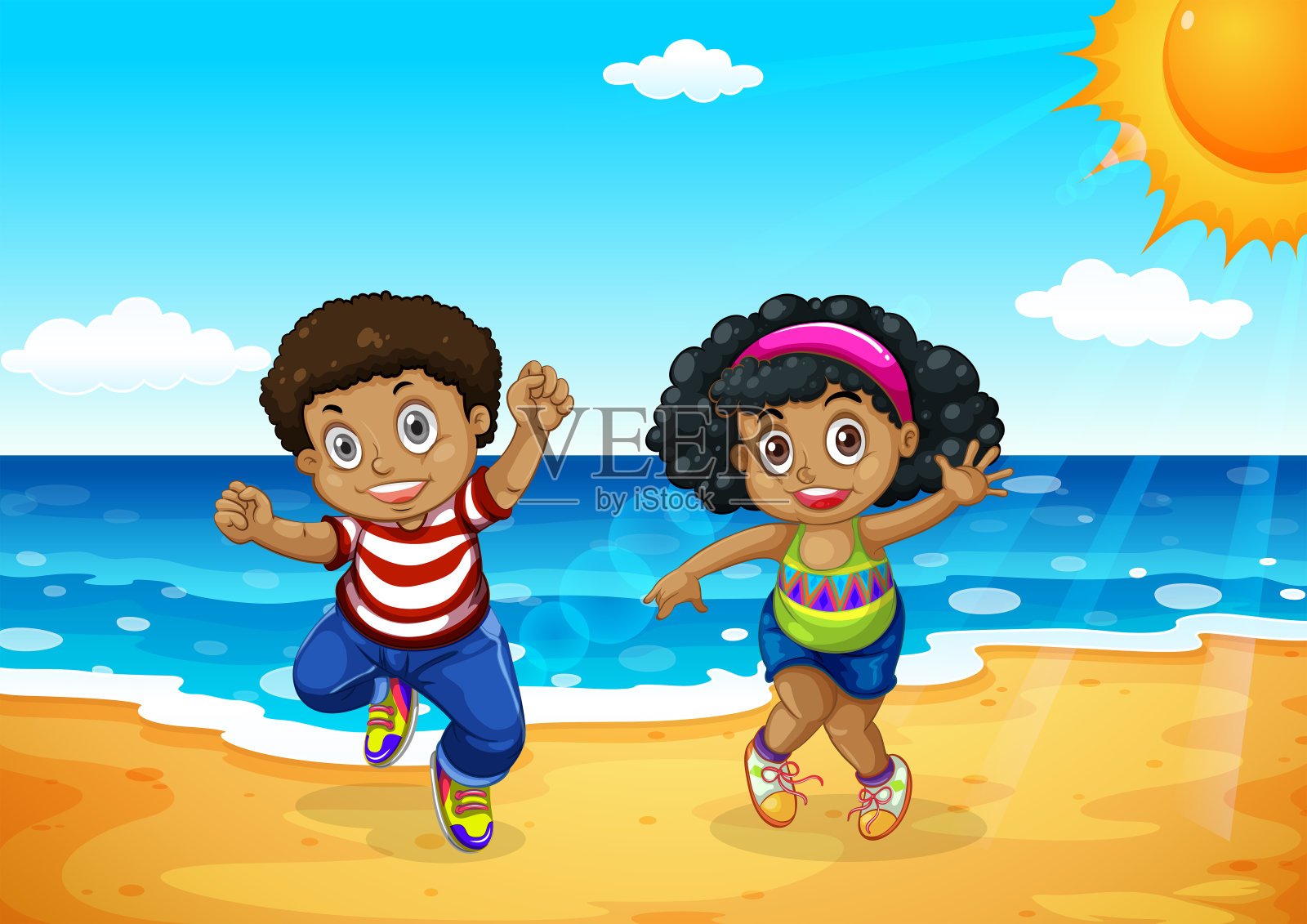 海滩上的非洲儿童插画图片素材
