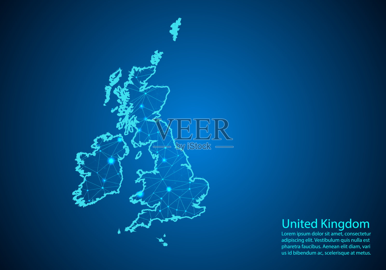 抽象的糊状物线和点比例尺在黑暗的背景与英国地图。最佳互联网概念的英国企业从概念系列。线框三维网格多边形网线和点。插画图片素材