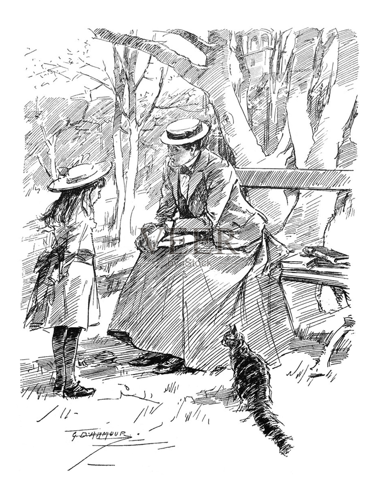 英国讽刺漫画漫画插图-女人在公园长椅上和小女孩聊天-插图插画图片素材