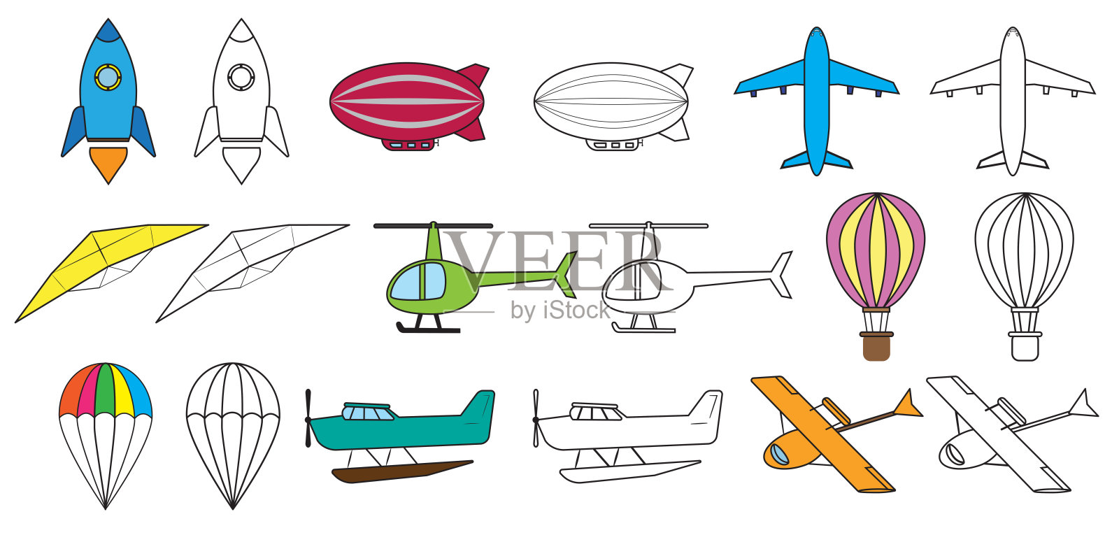 航空运输集和着色书。矢量图插画图片素材