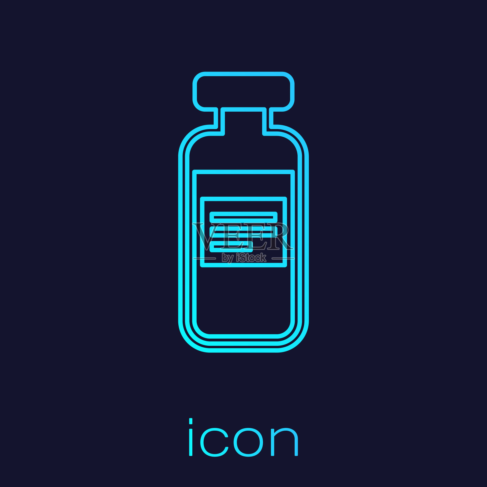 蓝绿色医用瓶，安瓿，瓶线图标孤立在蓝色背景上。疫苗、注射、疫苗保健理念。矢量图图标素材