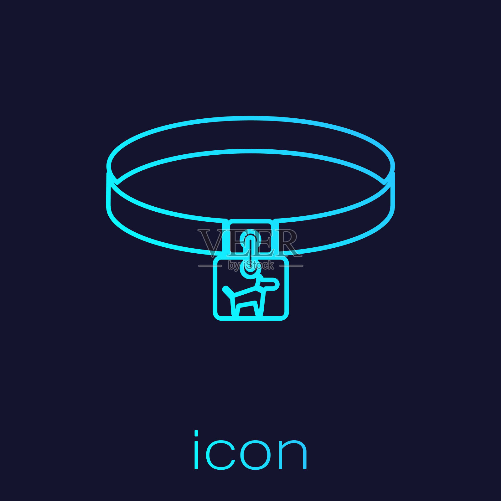 绿松石狗项圈与姓名标签线图标孤立在蓝色背景。简单的家畜用品。照顾猫和狗。宠物狗链。矢量图图标素材