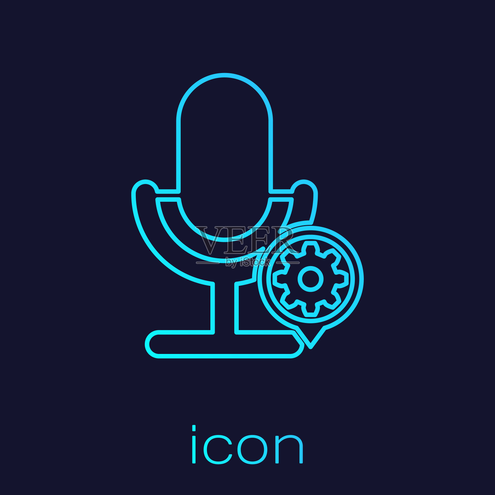 绿松石麦克风和齿轮线图标隔离在蓝色背景。调整app，服务理念，设置选项，维护，维修，固定。矢量图图标素材