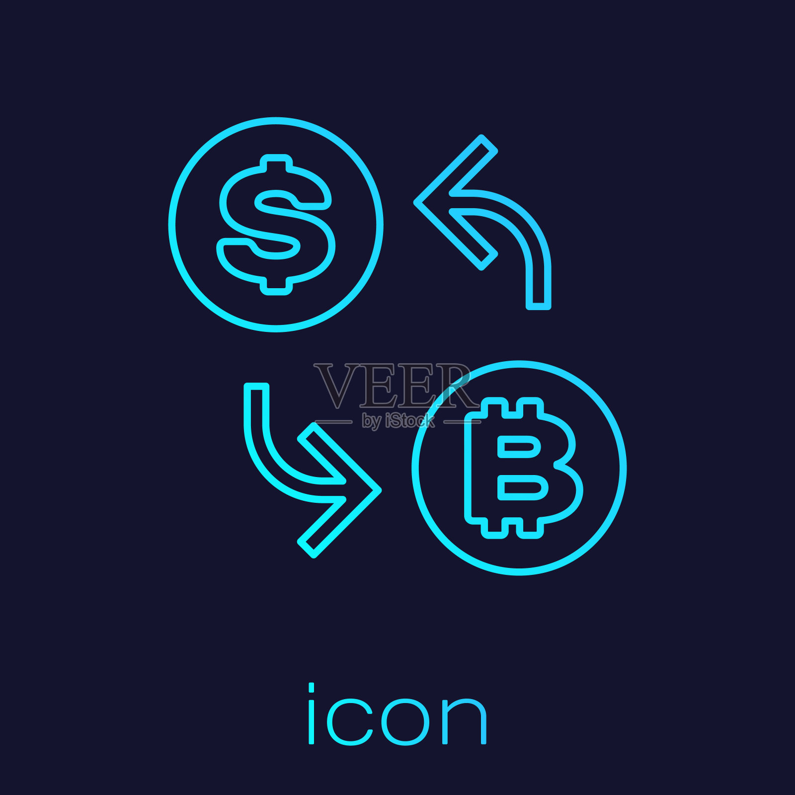 绿松石的加密货币交易所线图标隔离在蓝色背景上。比特币到美元的交易图标。加密货币技术，移动银行。矢量图图标素材