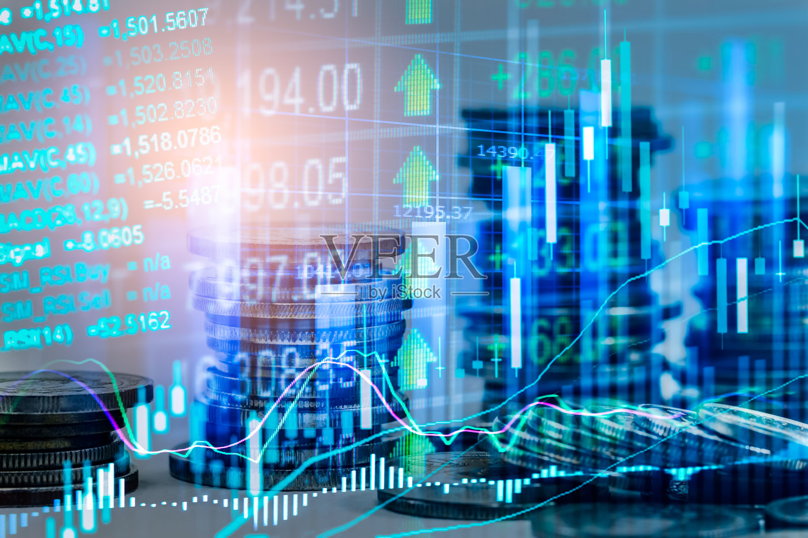 股票市场或外汇交易图形和烛台图表适合金融投资的概念。经济趋势背景的商业理念和所有的艺术作品设计。抽象的金融背景。照片摄影图片