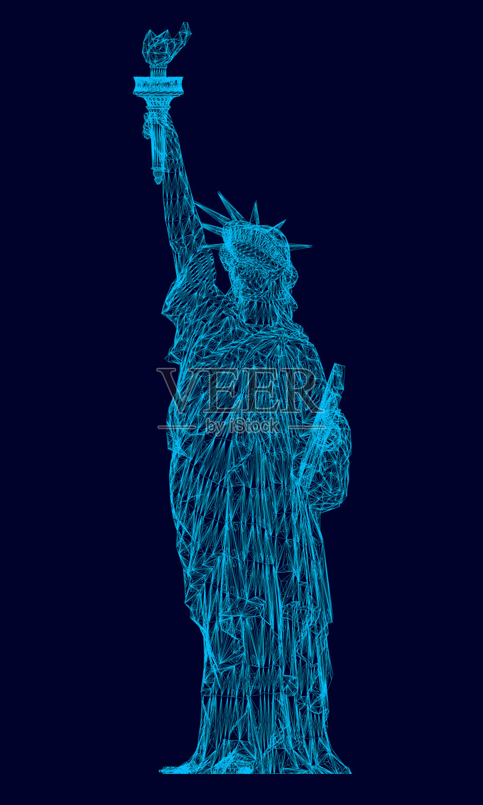 线框多边形的自由女神像。3 d。自由女神像的蓝色线条在黑色的背景上。矢量图插画图片素材