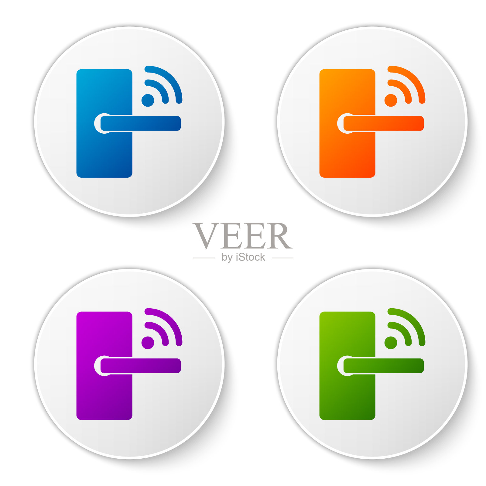 彩色数字门锁与无线技术解锁图标隔离在白色背景。门把手的迹象。安全智能家居概念。在圆形按钮中设置图标。矢量图图标素材