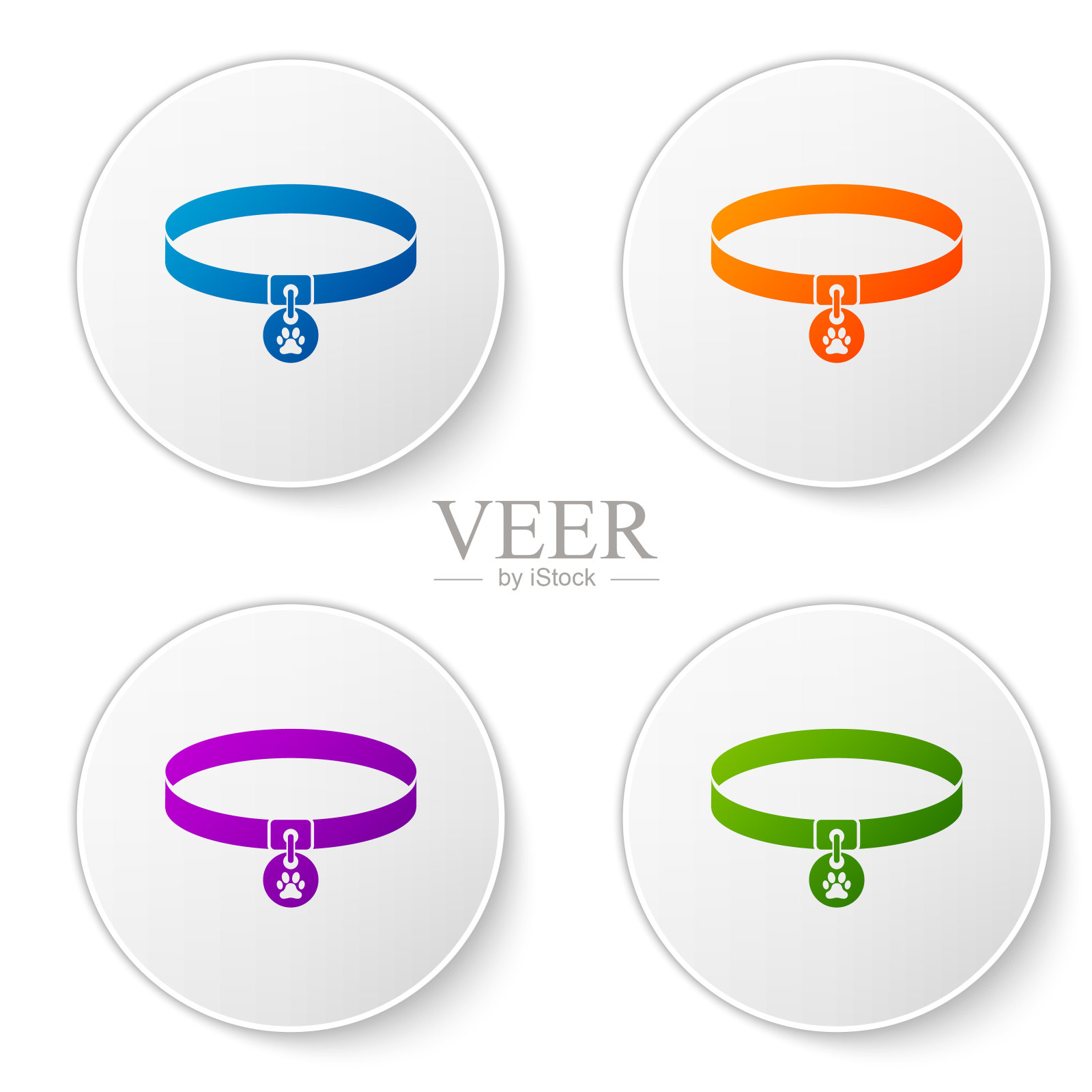 颜色领与姓名标签图标孤立在白色背景。家畜用品。狗或猫的爪印。照顾猫和狗。宠物连锁店。在圆形按钮中设置图标。矢量图图标素材
