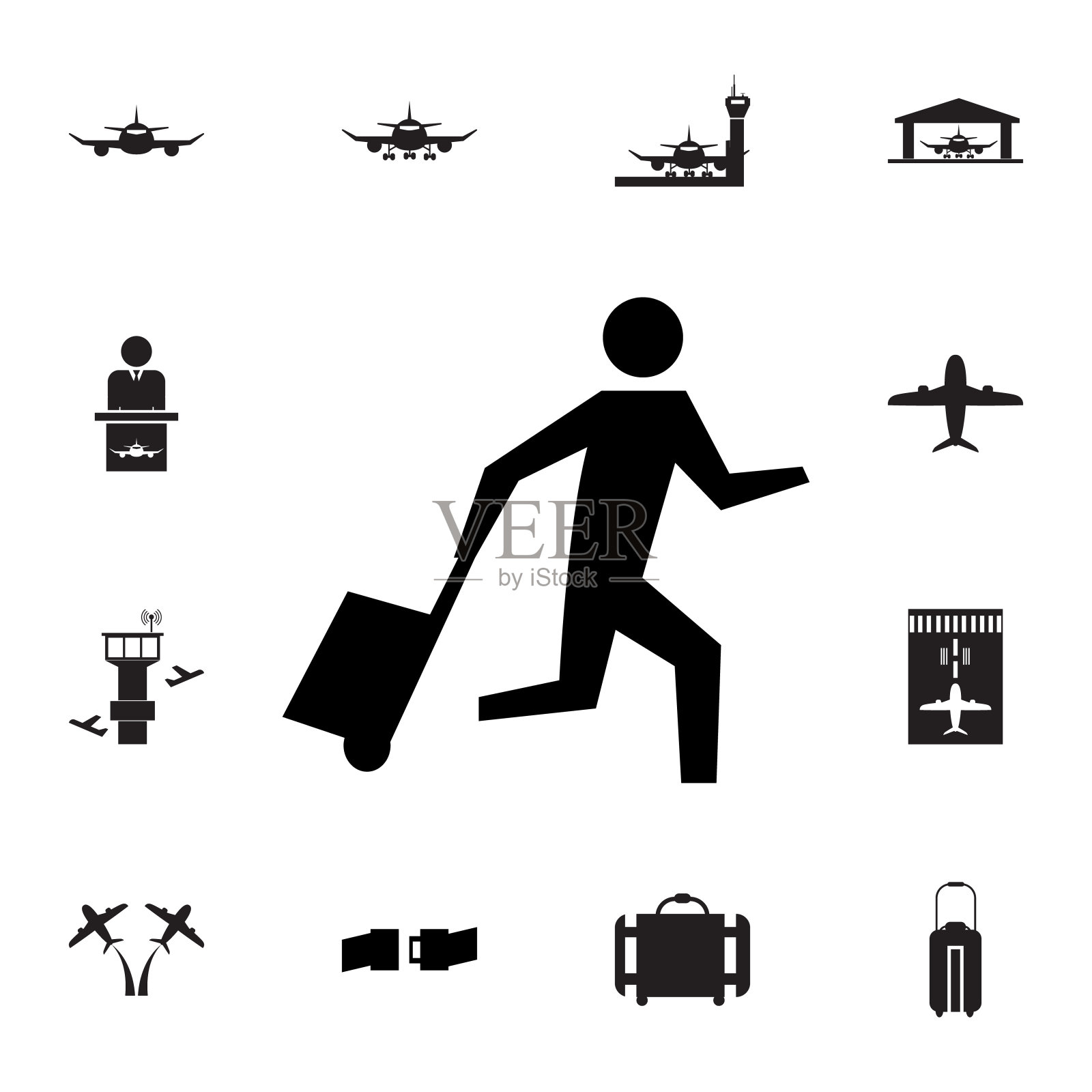 乘客拉卷袋的图标。一组机场元素图标。优质航空平面设计图标收集网站，网页设计，移动应用程序图标素材