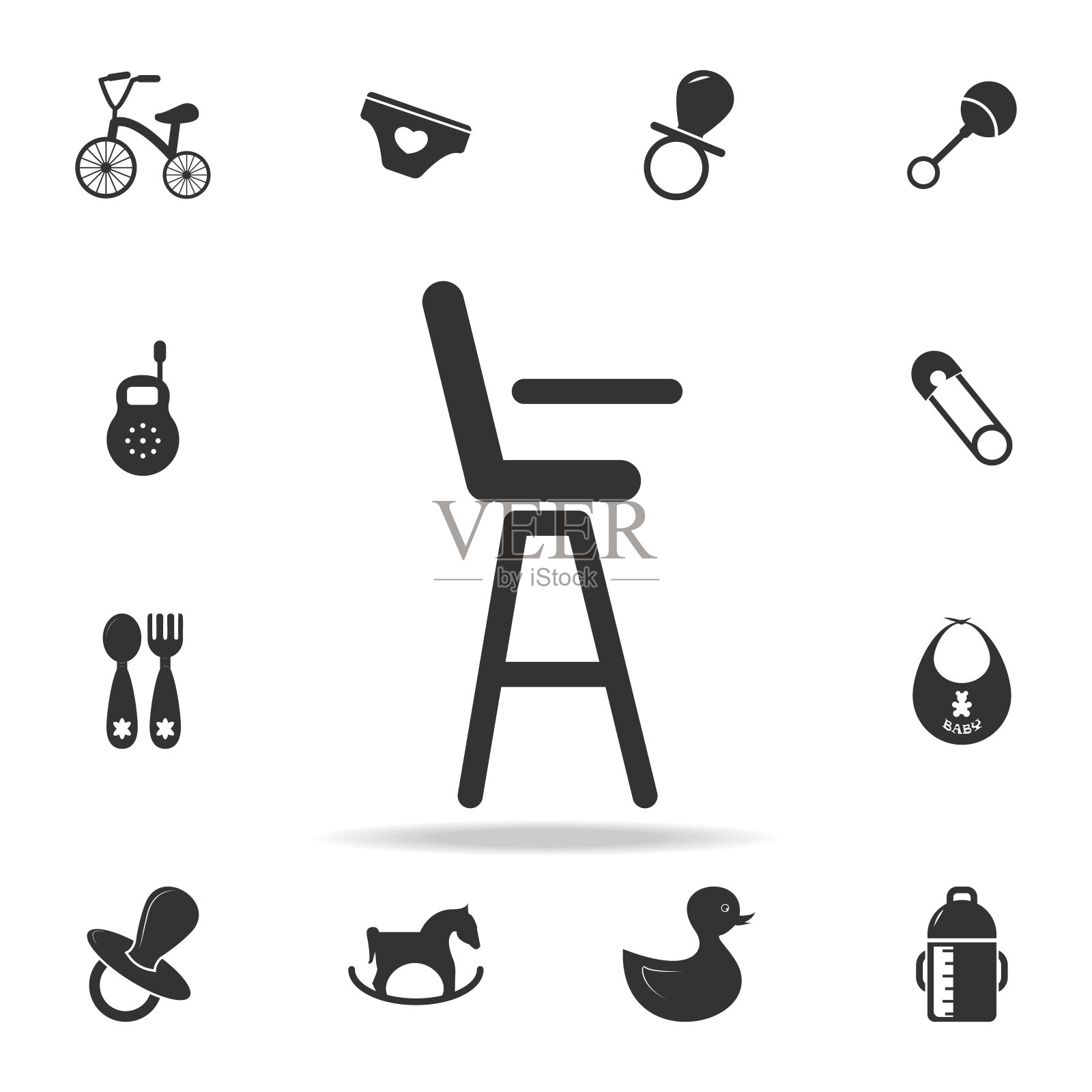 婴儿高椅图标。一套儿童和婴儿玩具图标。网络图标优质的图形设计。标志和符号集合，简单的网站图标，网页设计图标素材