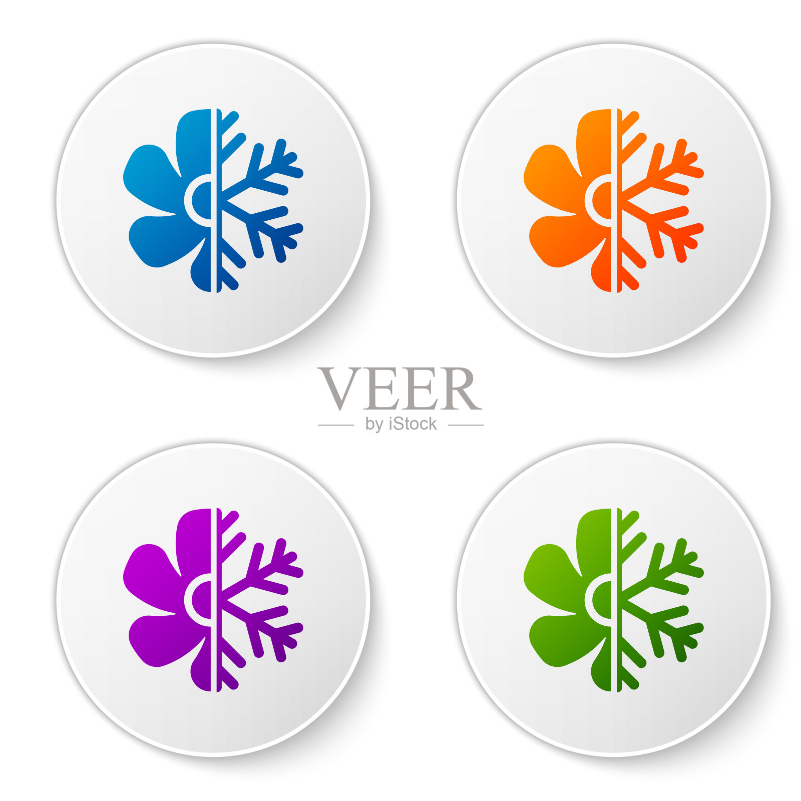 彩色空调图标隔离在白色背景。设置圆形按钮中的颜色图标。矢量图图标素材