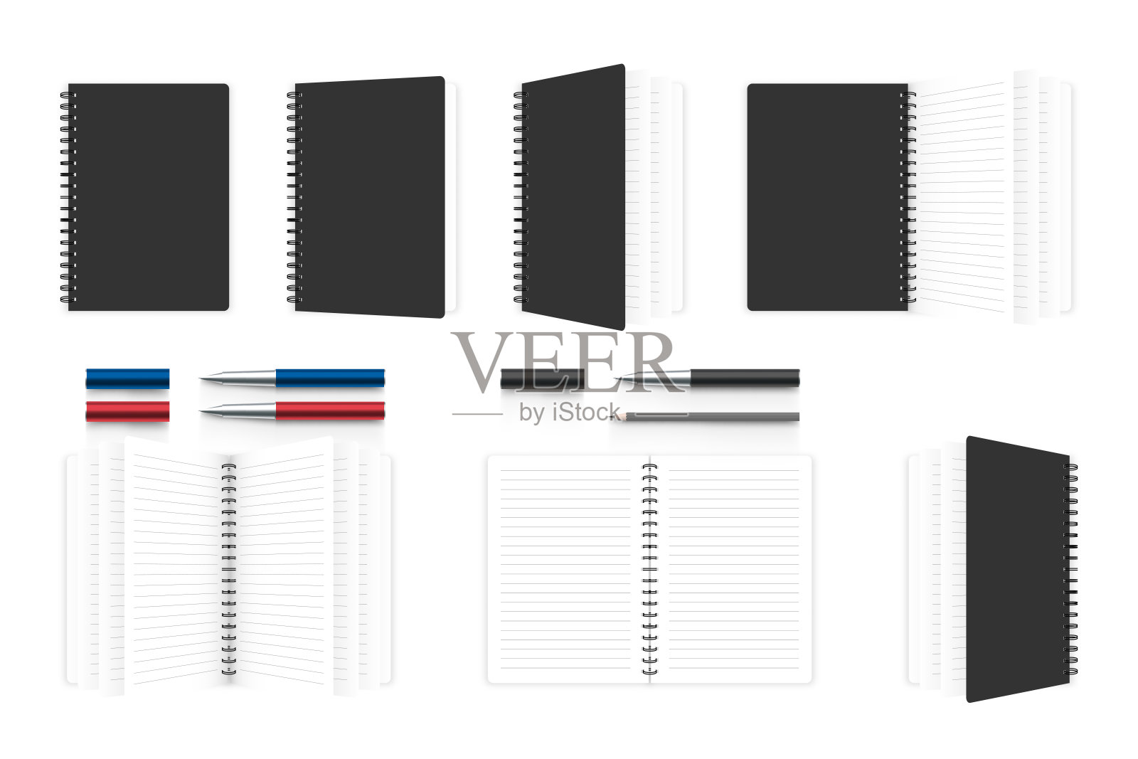 现实笔记本组织者模型模板，钢笔和铅笔插图孤立在白色背景，与复制空间，矢量eps 10设计元素图片