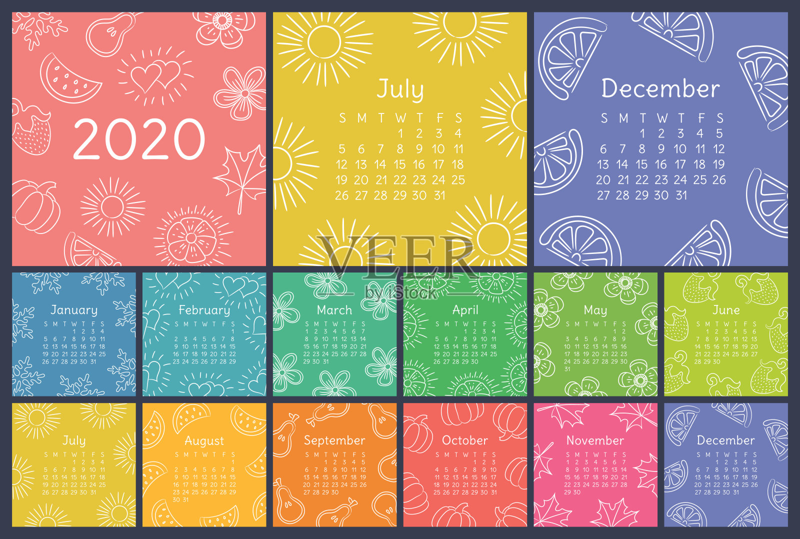 日历2020彩色手绘草图。墙英语日历。涂鸦花、心、叶、草莓、西瓜、太阳、雪花、南瓜、梨。薄刷图设计模板素材