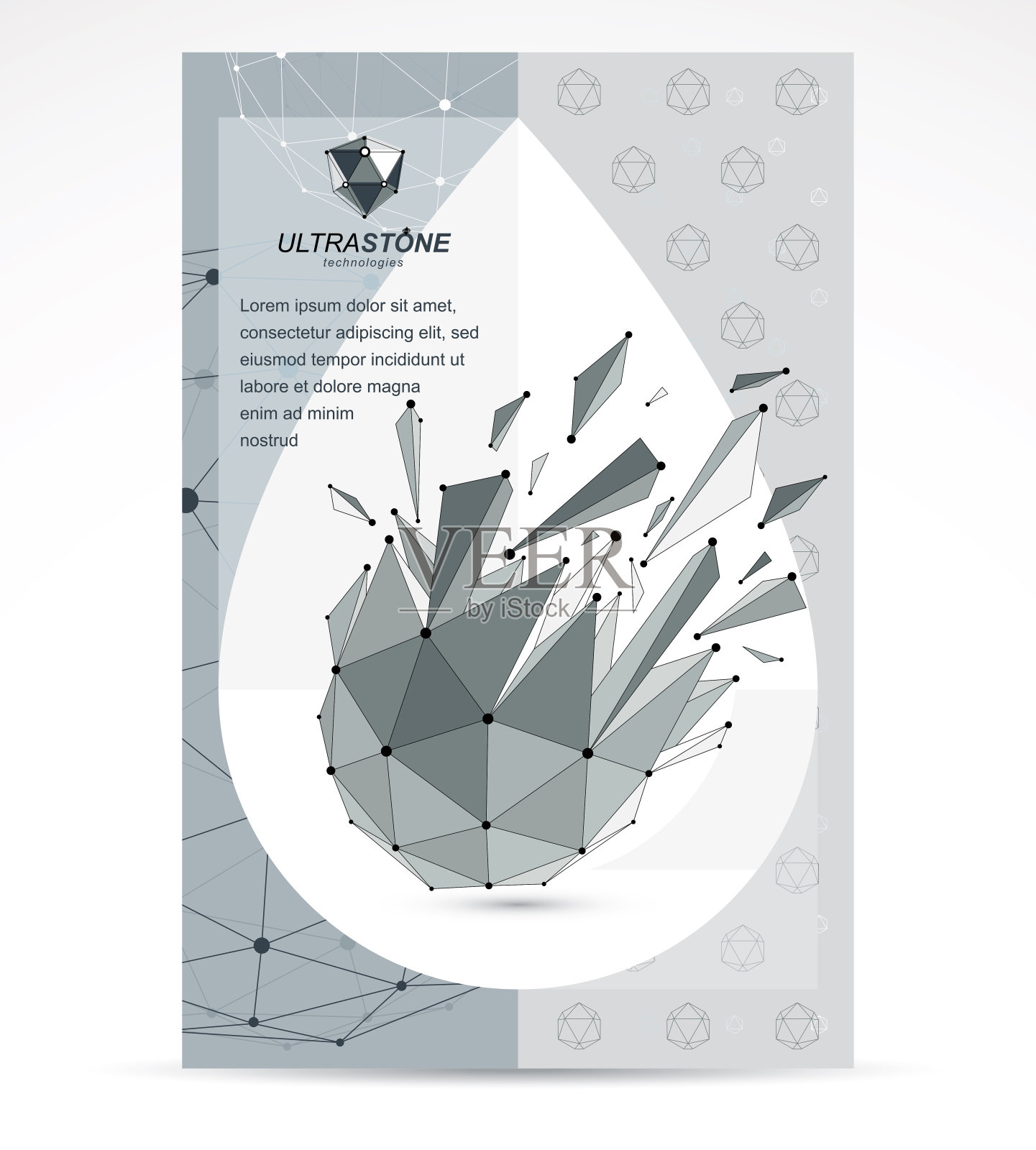 通信技术业务公司传单模板。图形矢量插图。摘要三维多边形灰度线框破碎对象，几何低多边形设计元素。插画图片素材