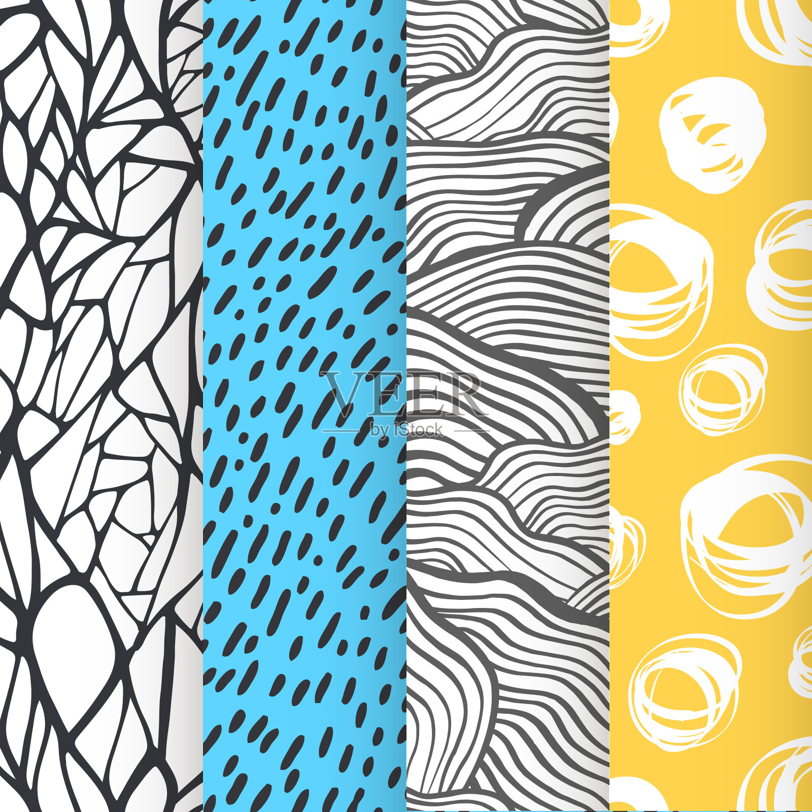 抽象手绘几何简单简约无缝模式集。波点，条纹，波浪，随机符号纹理。矢量图插画图片素材