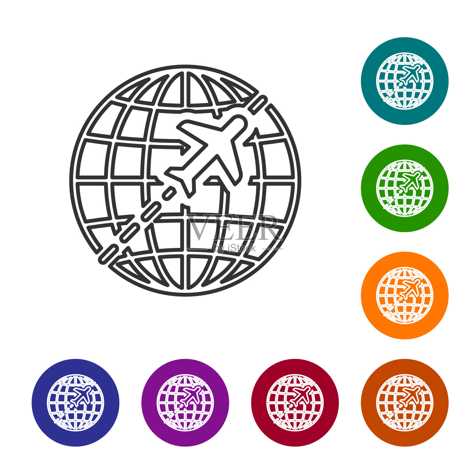 灰色的地球与飞行飞机线图标隔离在白色的背景。飞机绕着地球飞行。飞机世界图标。矢量图图标素材