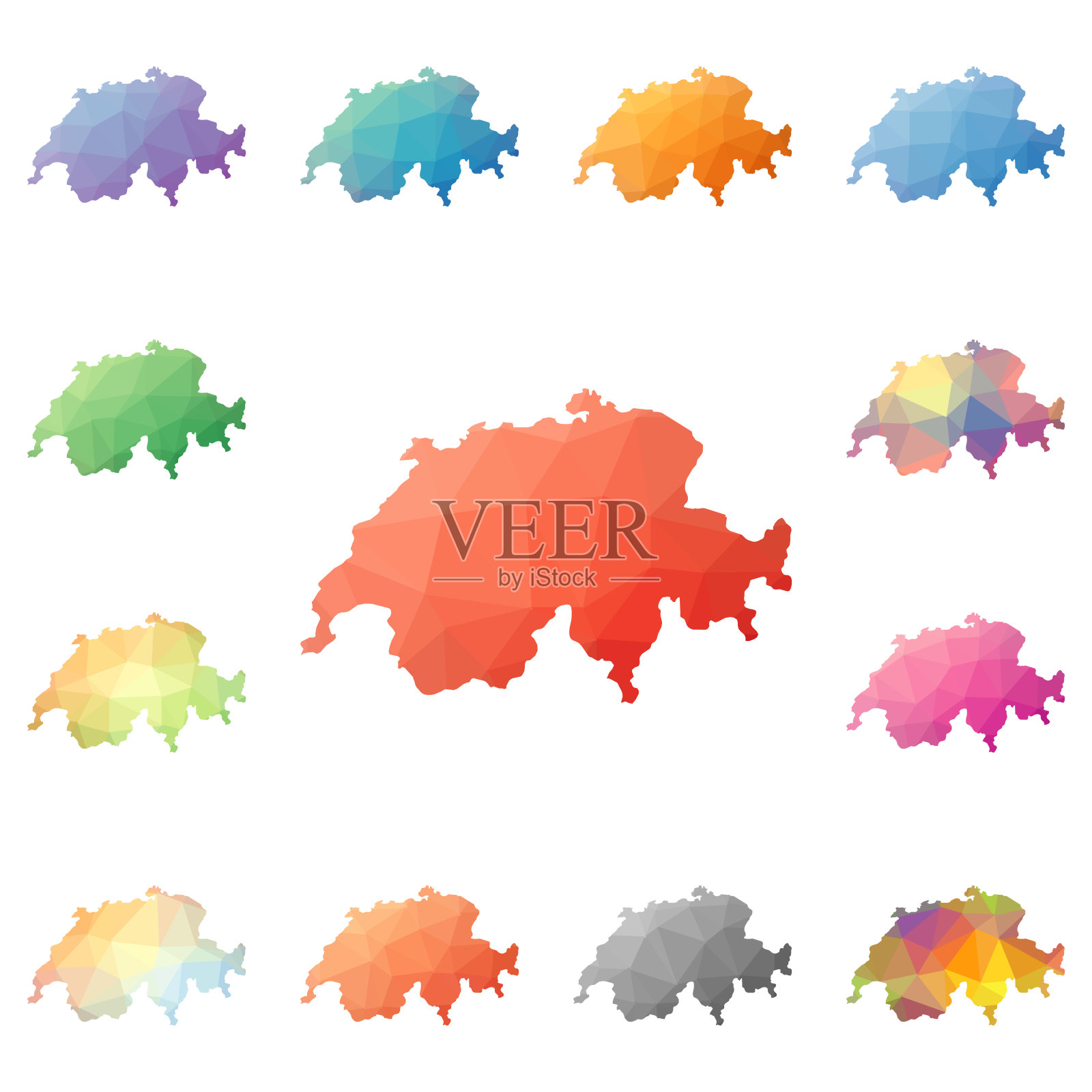 瑞士几何多边形，马赛克风格的地图收藏。插画图片素材