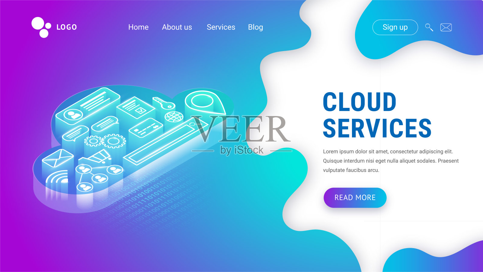 等距云服务落地霓虹插画图片素材