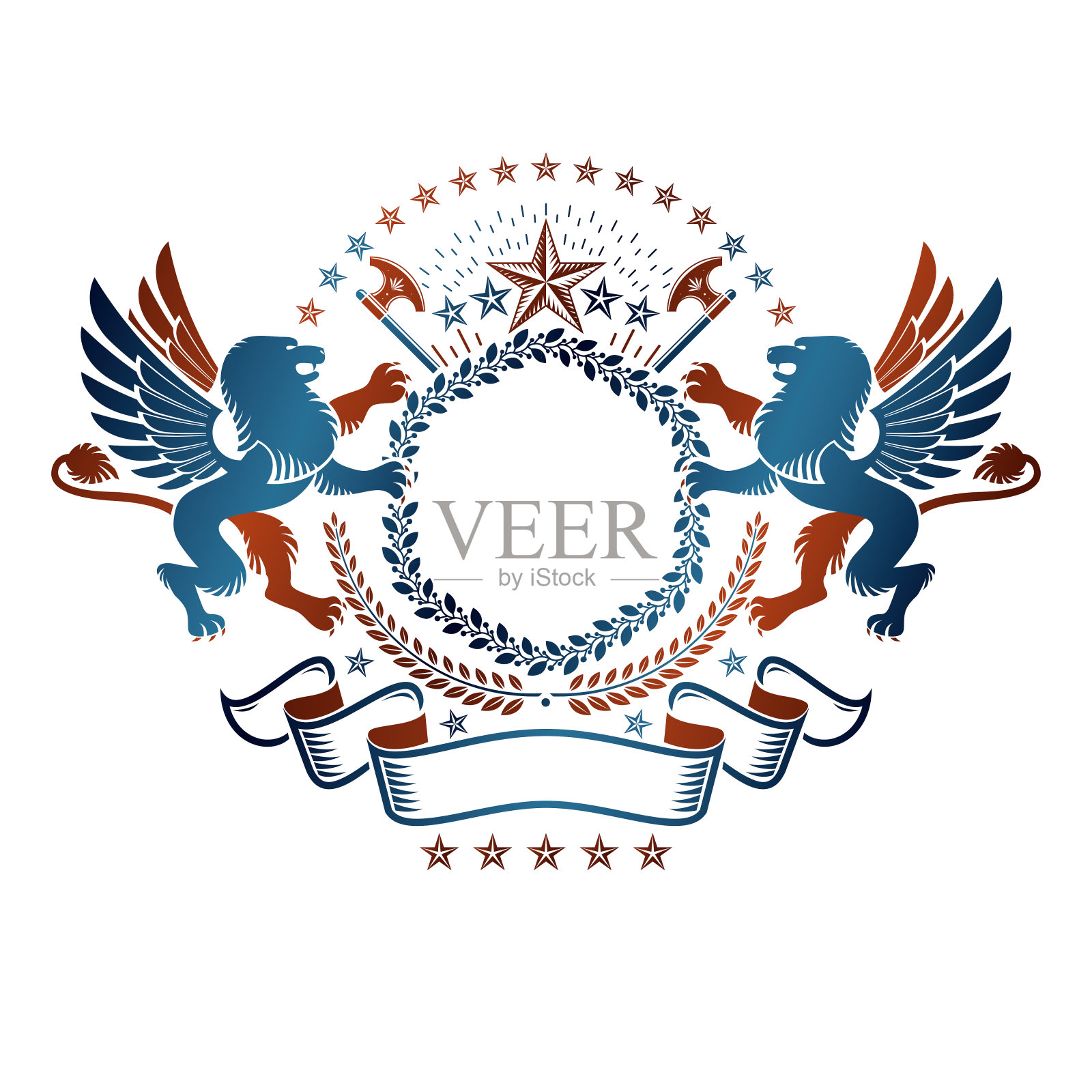 图形纹章与狮子纹章动物元素，五角星和小斧。纹章纹章装饰标志孤立矢量插图。插画图片素材