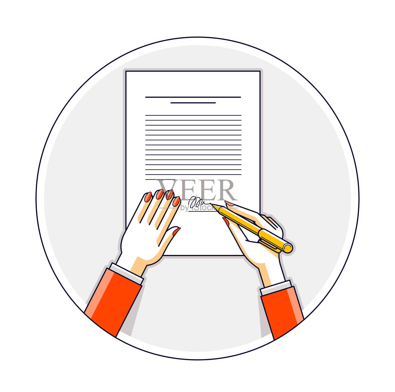 商务女性签署合同并加盖公章，女老板签署命令或指示，批准处置，CEO总经理，女性手看文件。矢量插图。插画图片素材