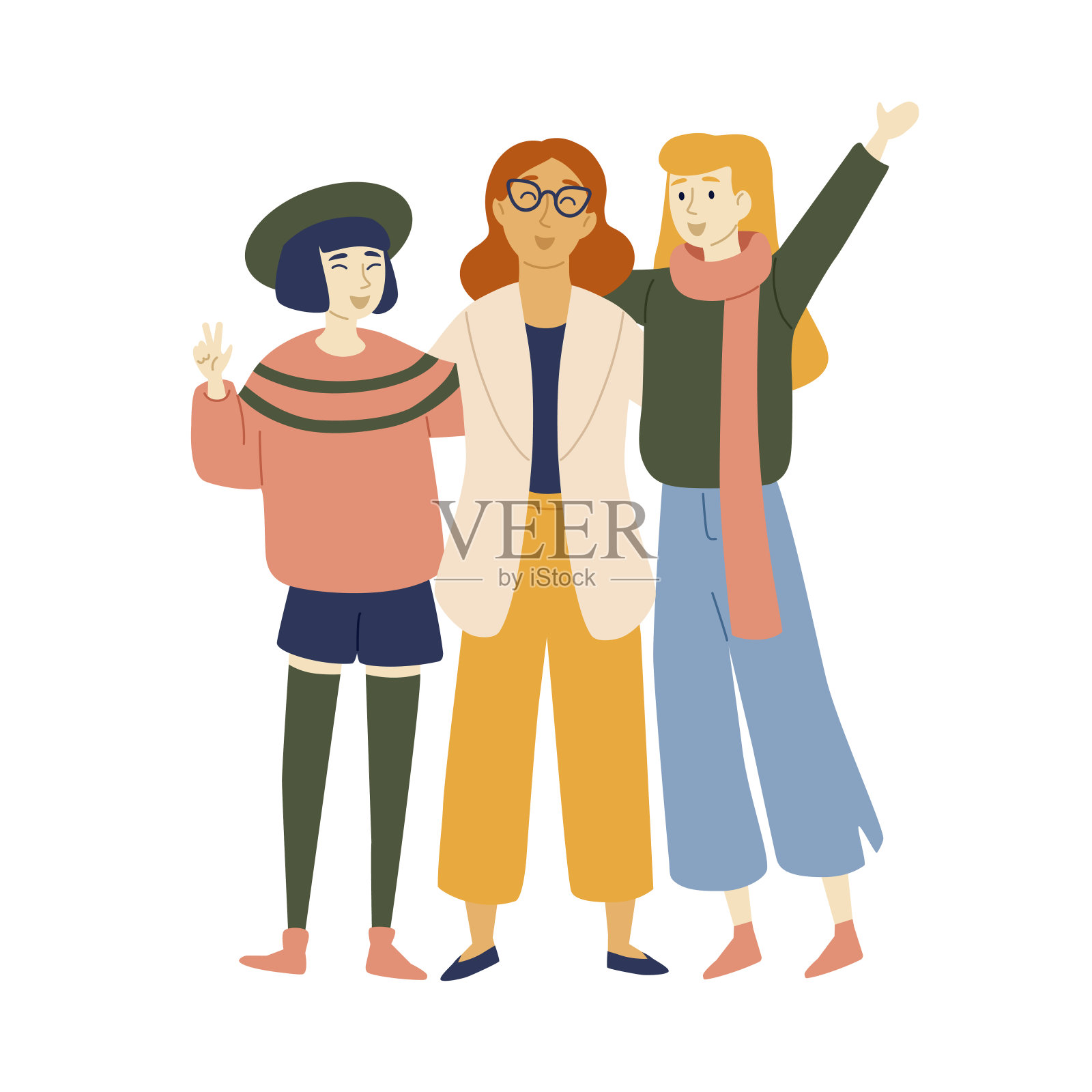 混血朋友摆姿势，抱在一起，三个美丽的女孩摆姿势，看着镜头插画图片素材