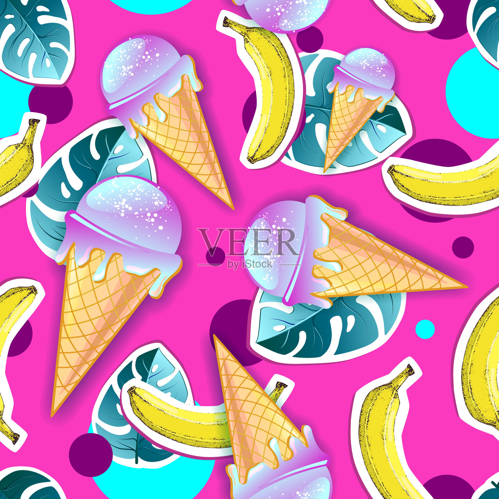 夏季无缝明亮图案与冰淇淋和热带树叶。Zine文化风格的夏季背景插画图片素材