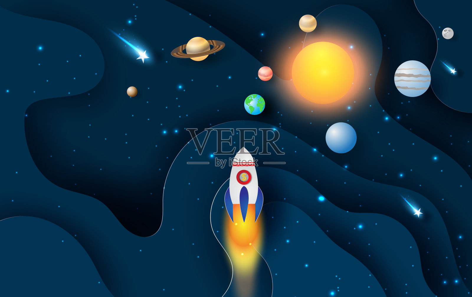 抽象曲线波与发射火箭启动为太阳系圆。在暗夜背景向量上用卫星和行星概念探索星系空间。纸工艺和剪纸。插画图片素材