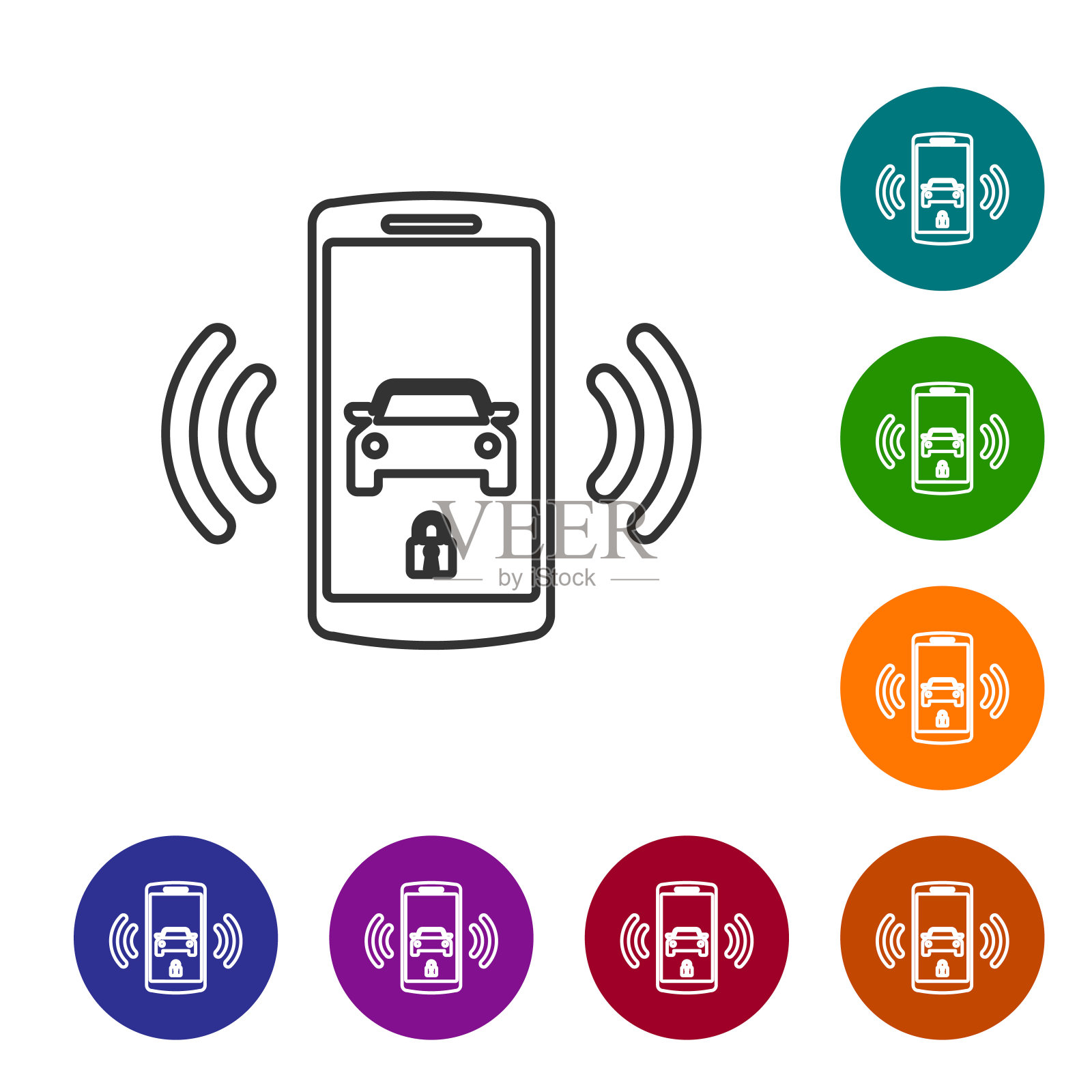 灰色智能汽车报警系统线图标隔离在白色背景。智能手机通过无线控制汽车安全。设置图标在颜色圈按钮。矢量图插画图片素材